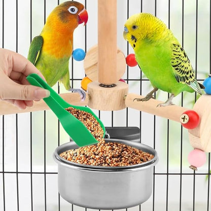 2Pcs Stainless Steel Bird Feeding Bowls with Feeding Spoon,Parrot Food Bowl Cage with Clamp Holder,Birdcage Coop Water Feeder for Cockatiel Parakeet Macaw Finches Small Animals