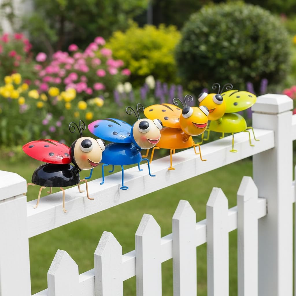 Cruis Cuka Metal Yard Art Garden Decor for Outside Cute Coloful Ladybugs Lawn Patio Ornaments Backyard Decorations Garden Gifts for Mom - Set of 4