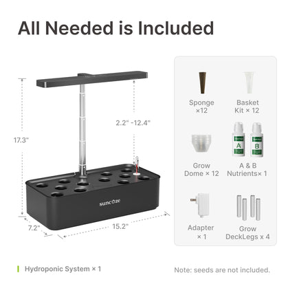 SUNCOZE Hydroponics Growing System Kit 12 Pods, 24W LED Grow Light Indoor Garden, 4L Water Tank with Quiet Pump, Adjustable Height Herb Garden Planter Indoor Kit, Gardening Gifts, Black