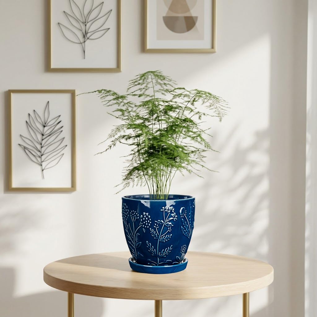 Hollyone 6 Inch Blue Ceramic Planter Flower Plant Pot with Drainage Hole and Saucer for Plants Embossed Indoor Outdoor Garden Embossed Ceramic Glazed Round Pot for Succulent Orchid Floral Pattern
