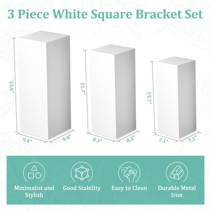 Baotree 3Pcs Square Pedestal Stands for Party, Metal Display Plinth Pillars for Wedding Ceremony Birthday Party Art Decor--23.6*9.4''(L), 21.7*8.3''(M), 19.7*7.1''(S)