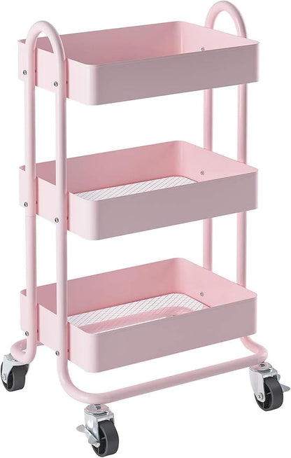 Metal Rolling Cart,3-Tier Pink Rolling Cart with Wheels,Metal Utility Cart with Wheels for Office,Home,Kitchen,Garden（13.4"x18.1"x31"） Pink
