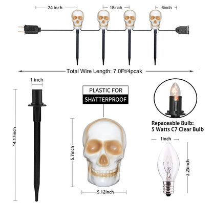C7 Halloween Skull Pathway Stake Lights, 7 Ft Halloween Pathway String Lights with 4 C7 Bulbs, Stake, Halloweens Decorations Driveway Markers Lights for Outdoor Holiday Garden Walkway Party Lighting