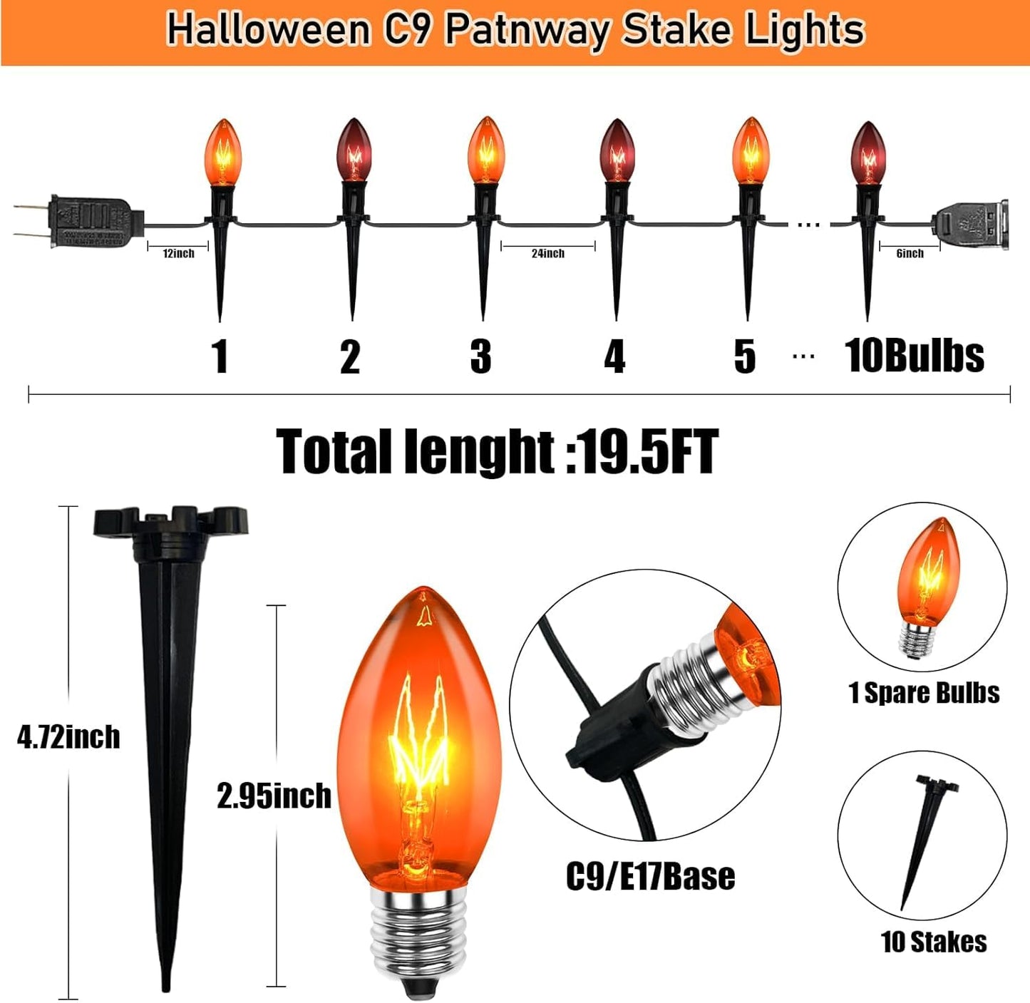 SUNSGNE C9 Orange and Black Halloween Pathway Lights Outdoor, Set of 10 Halloween Stake Lights, Connectable Pathway Markers Light for Walkway Party Driveway Lighting Decor