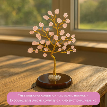 Real Crystal Tree of Life, Pink Rose Quartz Bonsai Money Tree with Agate Base, Spiritual Gemstone Feng Shui Decor with Gold Wire, Housewarming Birthday Gift (Rose Quartz (Pink))