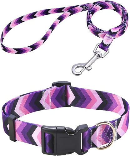 Mihqy Dog Collar and Leash Set with Bohemia Floral Tribal Geometric Patterns - Soft Ethnic Style Collar Adjustable for Small Medium Large Dogs(Purple Arrow Set,XS)
