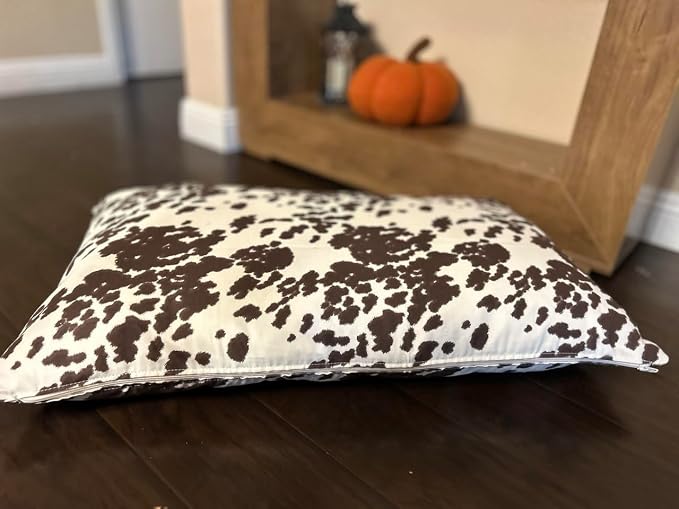 Natural Cotton Canvas Dog Bed – Raw Cotton Filled Pet Cushion Insert, Breathable Eco-Friendly Dog Mattress, Durable Washable Cover with Zipper (Cow Print Brown White, Large 48"x30"x5")
