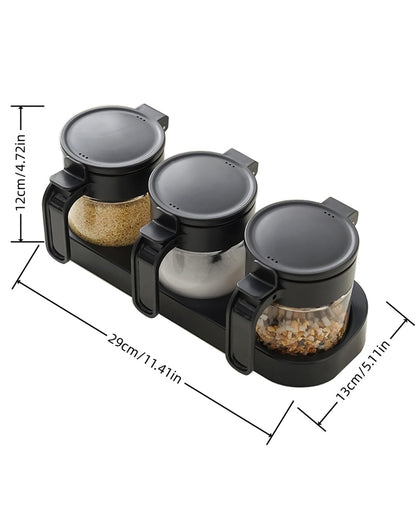 JIMMEAL 3 Pack Airtight Glass Spice Jars with Spoons, Lead-Free Condiment Container Set with Silicone Seal Ring, Honey Dippers, Tray, Labels and Wall Mount Adhesive for Sugar, Salt, Coffee Bar, Black