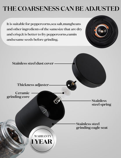 Salt and Pepper Grinder 2pcs Black Pepper Mill Refillable Manual Adjustable Coarseness Glass Material Fits in Home Kitchen Barbecue