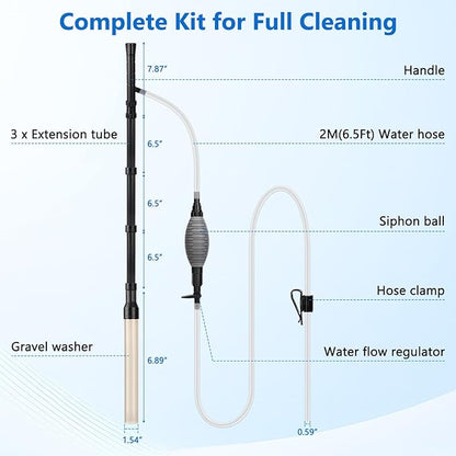 AQQA Gravel Vacuum for Aquarium Siphon - Adjustable Flow Fish Tank Cleaner with Handle, Manual Siphon Pump Water Changer Sand Rock Suction Cleaner, Upgraded Hard Hose with Threaded Connection (L)