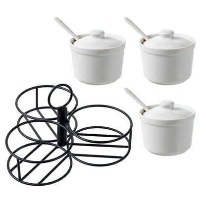 MyGift 10 Pc Set Ceramic Ramekin Condiment Dip Bowl with Lids and Spoons and Deluxe Modern Black Metal Wire Serving Rack for Sauces and Condiments