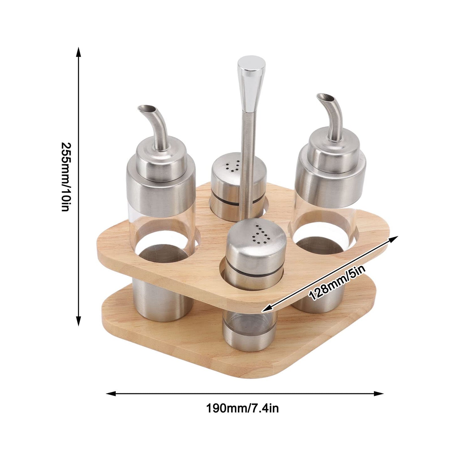 Cyrank Salt and Pepper Shakers, Olive Oil and Vinegar Dispenser Set with Wood Holder Glass Spice Dispenser for Home Kitchen Restaurant