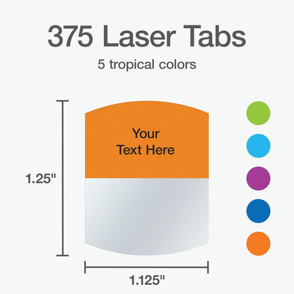 Redi-Tag Laser Printable Tabs, Permanent Index Tabs, Customizable Adhesive Labels, Assorted Tropical Colors, 1.125" x 1.25", 375 Per Pack (1006789)