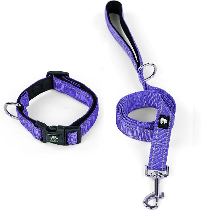 IVY&LANE Reflective Dog Collar and Leash Set,Adjustable Neoprene Padded Dog Collars for Puppy, Breathable Nylon Pet Collar for Small Medium Large Dogs (Medium,Purple)