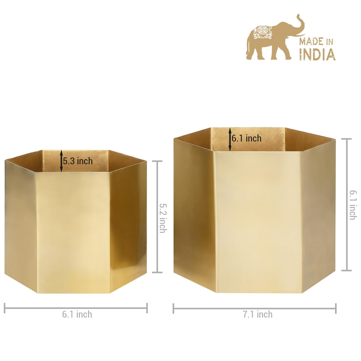 MyGift Handcrafted Metallic Shiny Brass Metal Indoor Plant Vase Pot with Hexagon Shape, Decorative Succulent Cactus Planter Container, Set of 2 - Handmade in India