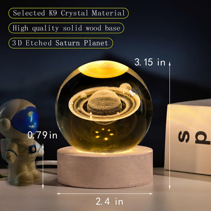 AOFEGRLT 3D Saturn Crystal Ball with LED Stand, 60mm Glass Sphere Decorative Balls, Space Planet Galaxy Lamp Night Light Gifts for Women Kids