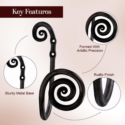 THDC Sturdy Wrought Iron Wall Mounted Curtain Holdbacks (Pack of 2) - Curtain Holders for Living Room, Bedroom, Kitchen, Office (Swirl Black)
