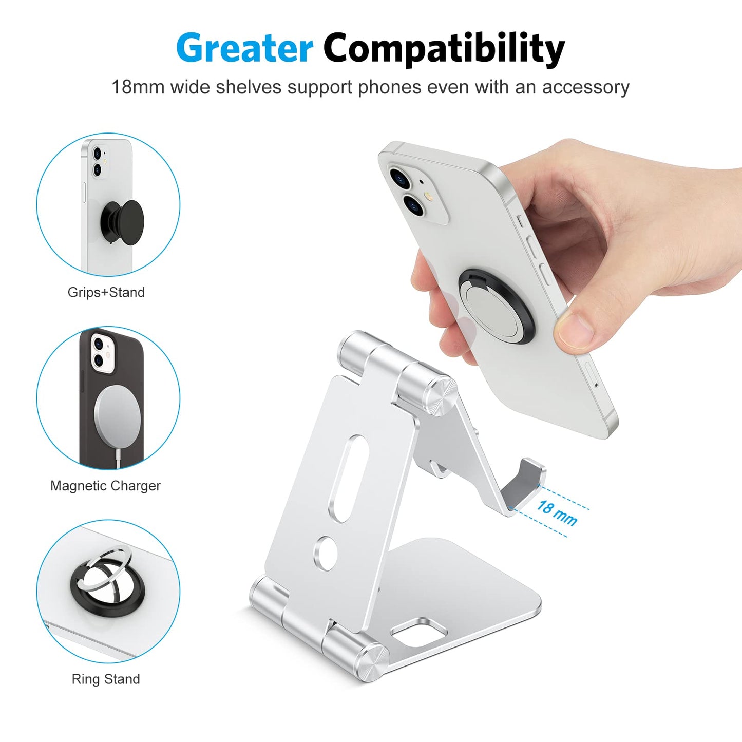OMOTON Foldable Cell Phone Stand, C4 Portable Aluminum Phone Holder, Adjustable Phone Dock Cradle Compatible with iPhone 17/16/15 Pro Max Air, Samsung Galaxy, Small Tablets, All Smart Phones, Silver