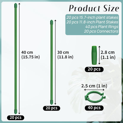 Catephe 40 Pcs Plant Support Stakes, Garden Stakes for Indoor Plants, Tall Adjustable Plant Sticks with 40 Clips and 20 Connectors for Monstera, Tomato, Vine Potted Plants