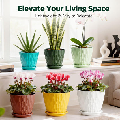 KEETUMOOD Plant Pots, Self Watering Planters with Drainage Holes and Trays, Flower Pots for Indoor Outdoor - 6 Pack(4/5/6/6.5/7/8 Inch) (Colorful)