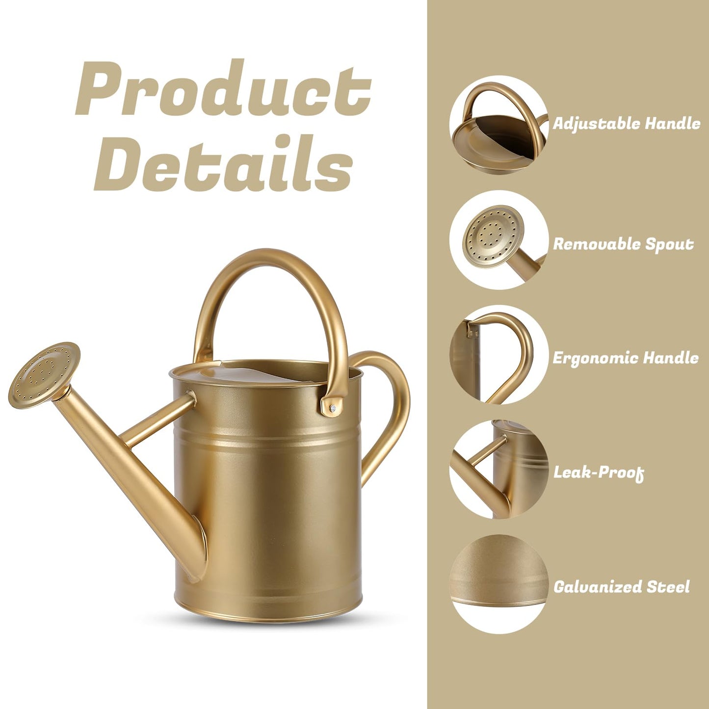 1 Gallon Watering Can for Plants, Watering Cans for Indoor&Outdoor Gardening, Galvanized Steel Watering Pot with Removable Spout, Metal Water Can with Ergonomic Movable Handle(Gold)