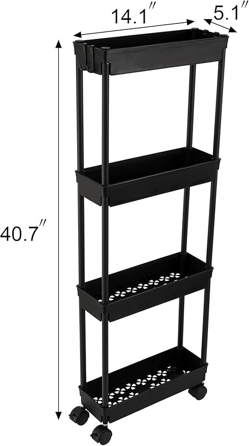 Sooyee 4 Tier Slim Storage Cart, Black | Rolling, Narrow Shelf, Mobile Shelving Unit Organizer, For Kitchen, Bathroom, Laundry Room