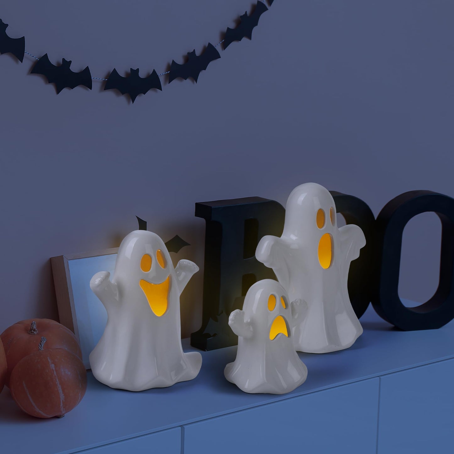 Aneco Ceramic Ghost Light Up Decor Halloween Ghost Decor 3 Ceramic Ghosts Figurines with Remote Control, 3 Tea Lights Spooky Ghosts Sculpture for Halloween Home Table Decorations