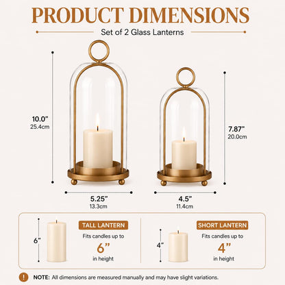 GYKLE Set of 2 Candle Lantern Set - Vintage Brass Candle Holders with Thick Glass Domes (5.25"x10" & 4.5"x7.87"), Perfect for Pillar Candles, Floral Arrangements, and Vintage Home Accents