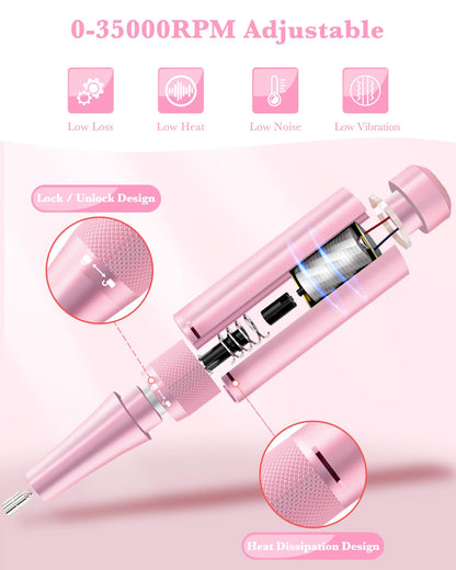 ENGERWALL Rechargeable Nail Drill 35,000 RPM, Portable Cordless Electric Nail File for Acrylic, Gel Nails, Polishing & Removal, with Nail Drill Bits Kit for Manicure & Pedicure, Pink