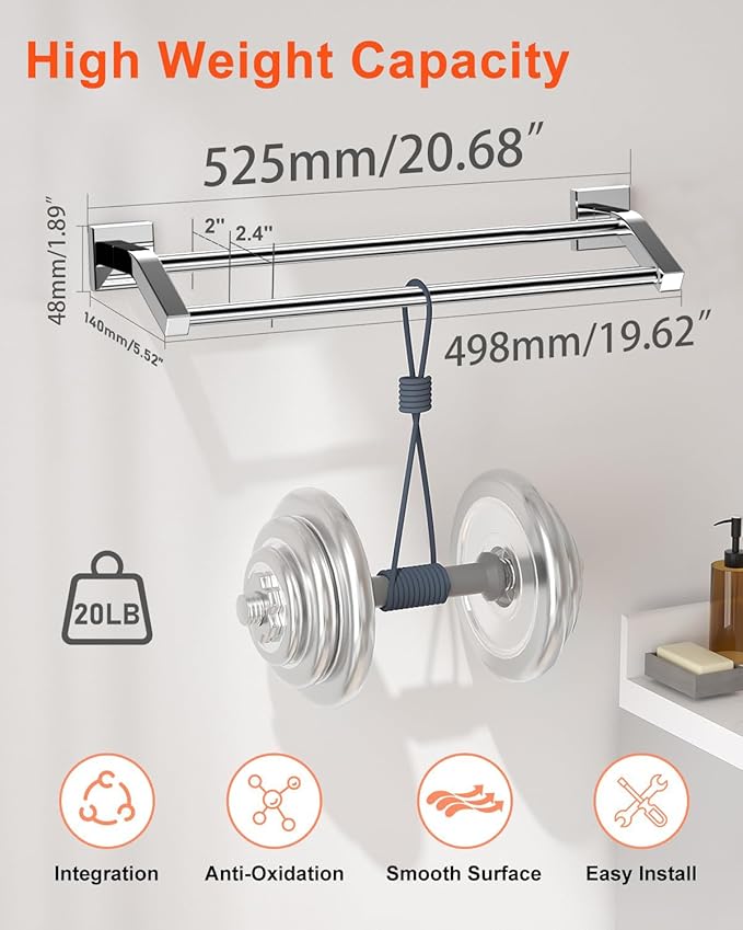 Alise Bath Double Towel Bars,Towel Holder Towel Racks for Bathroom Lavatory,20 Inch SUS304 Stainless Steel Towel Hanger Towel Rail Wall Mount, Polished Chrome