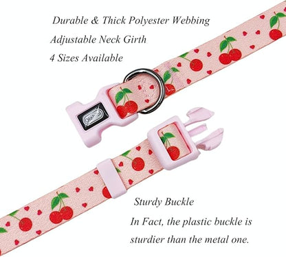 Dog Collar Leash Set, Fruit Pattern, Polyester Material, Adjustable Collar and 5ft Matching Leash, for Medium Dogs.(M, Pink Cherry)