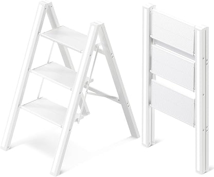 3 Step Ladder, Aluminum Folding Step Stool with Anti-Slip Sturdy and Wide Pedal, Lightweight Portable Stepladder for Home and Kitchen Use Space Saving, Cream White, 330 lbs