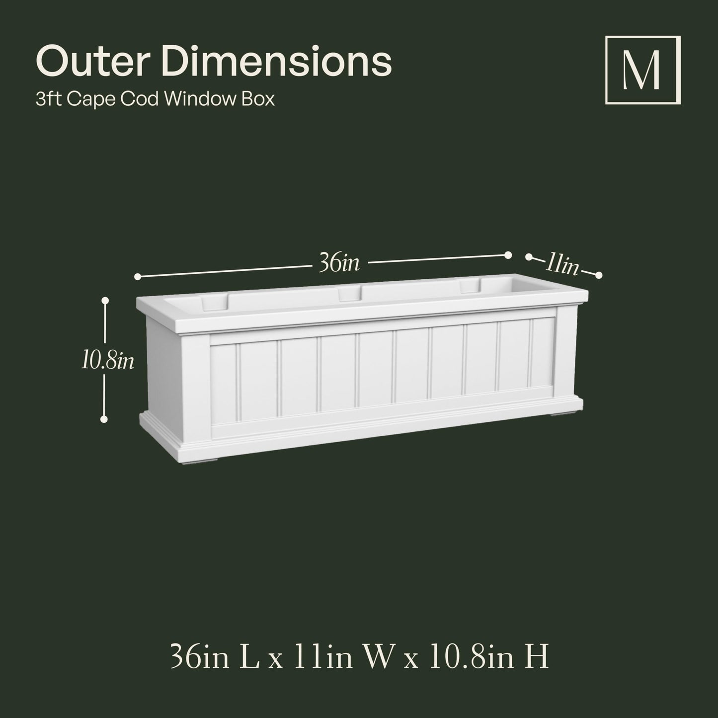 Mayne Cape Cod 3ft Window Box - White - 36in L x 11in W x 10.8in H - with 6.5 Gallon Built-in Water Reservoir (4840-W)