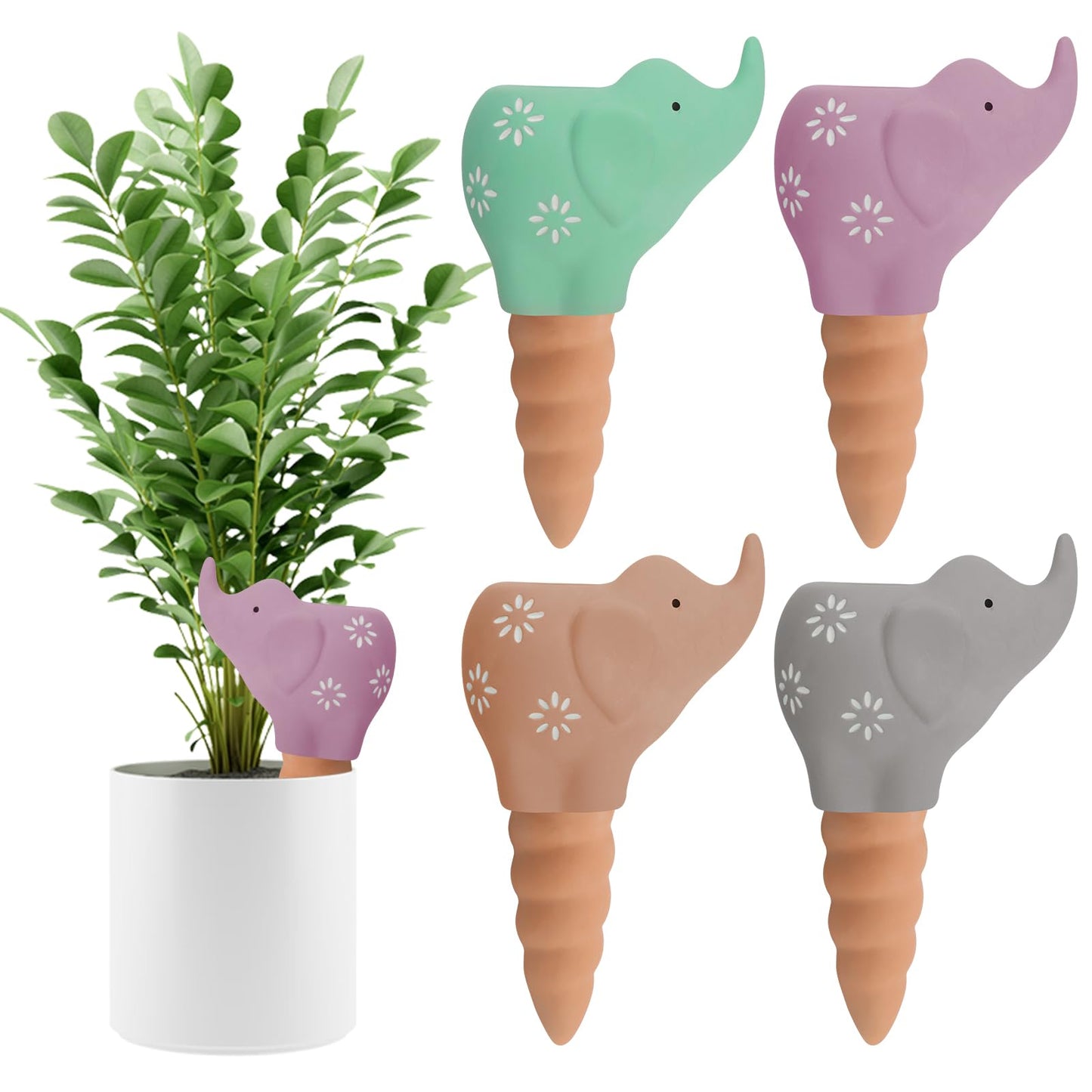 4Pcs Plant Watering Globes, Kalolary Elephant Shape Self Watering Spikes Terracotta Drip Water Stakes Irrigation Watering Bulbs for Pot, Indoor, Outdoor, Vacation