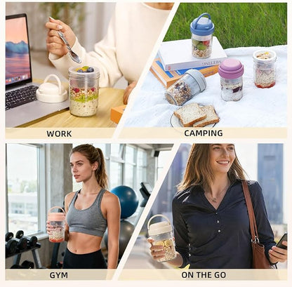 UWILLION Overnight Oats Containers with Handles, 16 oz Glass Mason Jars with Lids, Folding Spoons & Topping Compartments, Yogurt Parfait Cups for Meal Prep, Chia Pudding, Breakfast to Go, 2 Pack