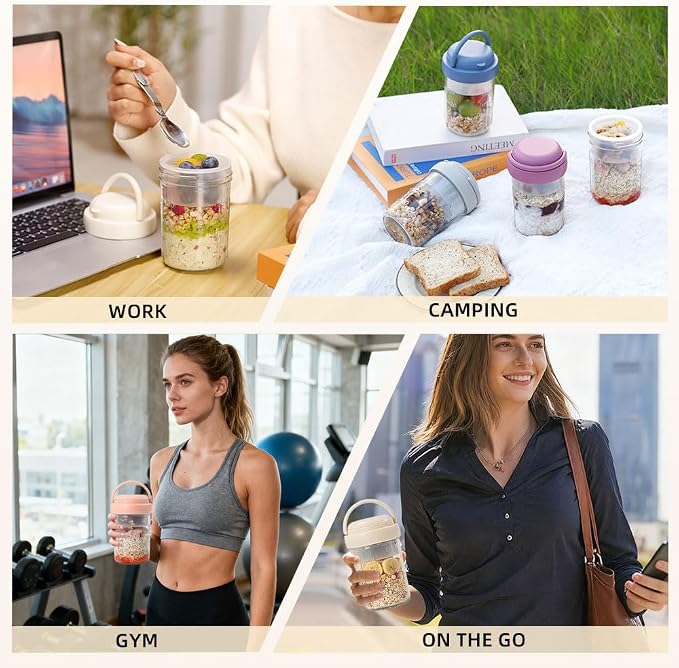 UWILLION Overnight Oats Containers with Lids and Handles, 16 oz Glass Mason Jars with Folding Spoons & Topping Compartments, Yogurt Parfait Cups for Meal Prep, Chia Pudding, Breakfast to Go, 2 Pack