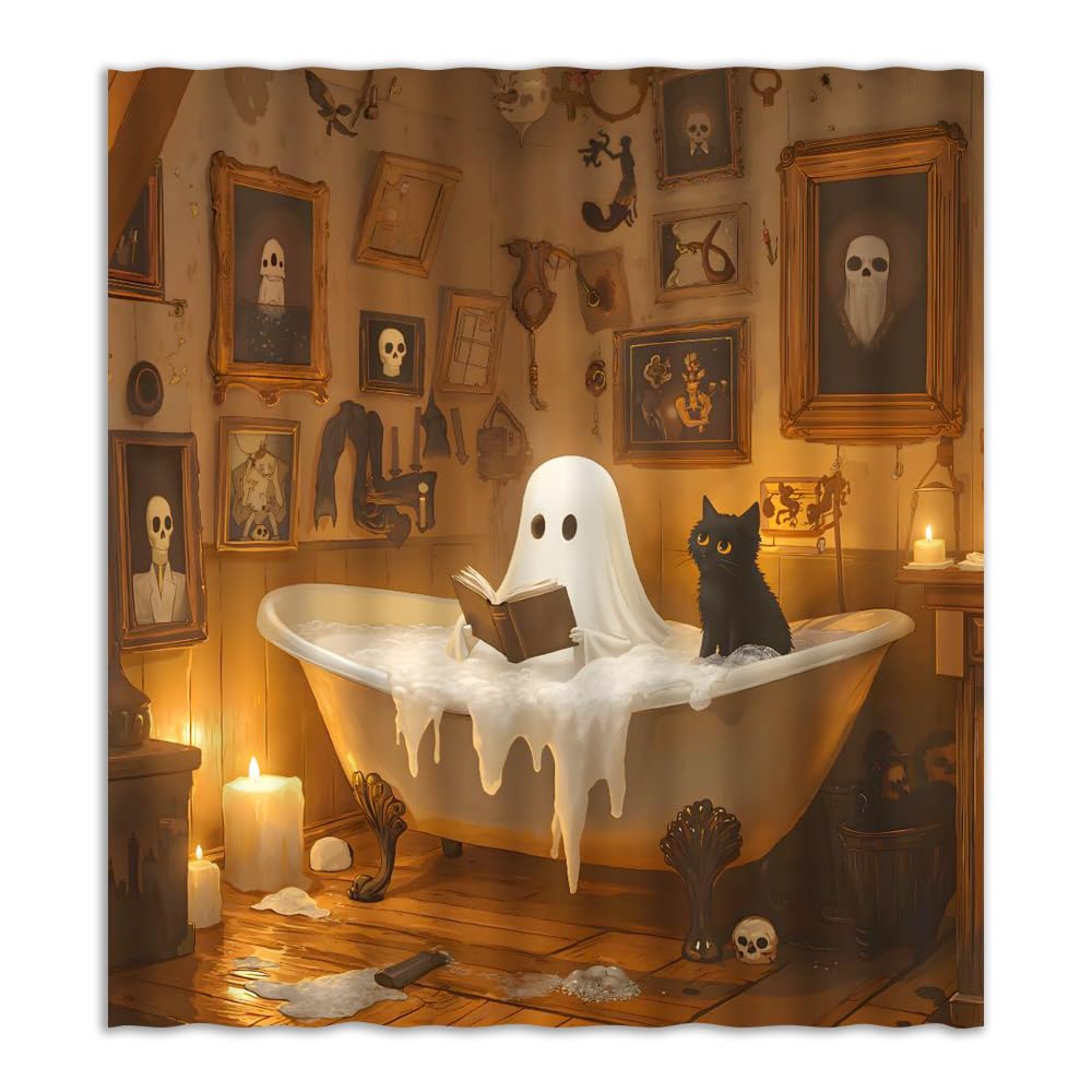 JEJOMEAG Funny Ghost Cat Shower Curtain Cute Halloween Scary Spooky Fun Orange Gothic Fabric Bathroom Decor Curtain with Hooks, 70Wx70H