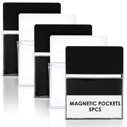 Tolare 5 Pcs Magnetic Pockets for Whiteboard & Fridge, Magnetic File Holder Organizer Set with Magnet Backing, 12 x 9.5 Inch Clear Storage Pouches for Documents Notes Tools (Black & White)