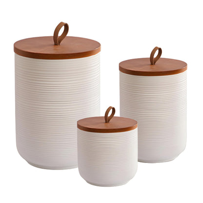 Food Storage Jar Strong Ceramic Storage Canisters with Airtight Wooden Lid,Kitchen Storage Containers for Serving Coffee Beans, Tea, Sugar, Salt, Spices (White three-piece suit)