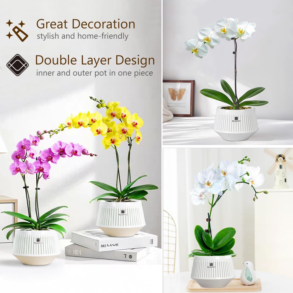 Meshpot 5 inch Orchid Pots with Holes for Repotting,Set of 1,Decorative African Violet Pots with Air-Pruning and Good Air Circulation,Plastic White Orchid Planter with Saucers