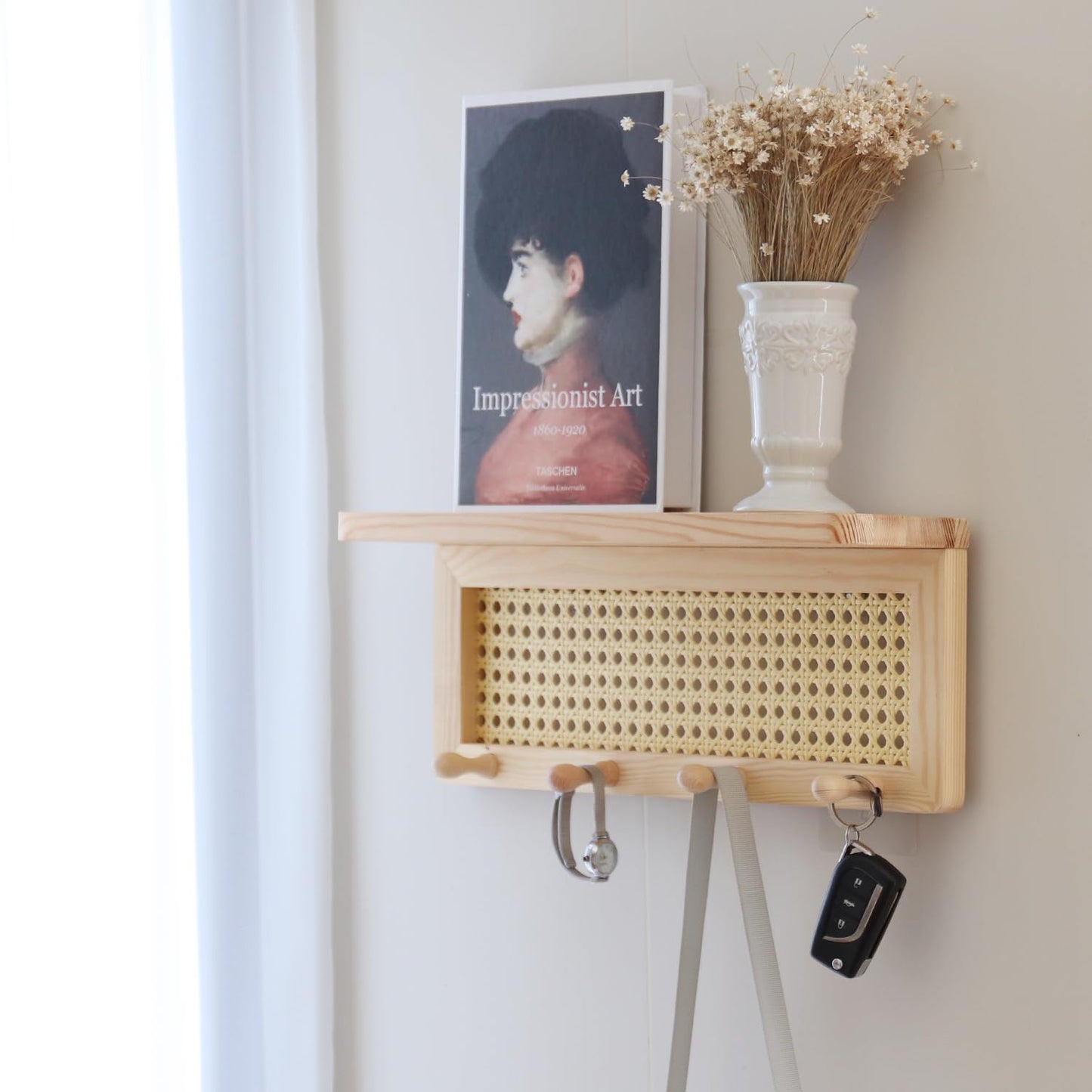 FRIADE PE Rattan Key Holder with 4 Key Hooks ,Wall Mounted Decorative Floating Shelf for Entryway,Nursery,Mudroom, Hallway, Office (Burlywood)