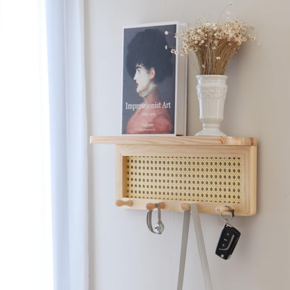 FRIADE PE Rattan Key Holder with 4 Key Hooks ,Wall Mounted Decorative Floating Shelf for Entryway,Nursery,Mudroom, Hallway, Office (Burlywood)