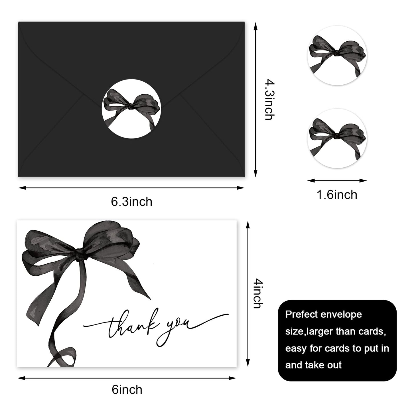 Whaline 24 Pcs Black Bow Thank You Cards with Envelopes and Stickers Watercolor Bow Greeting Cards Black Blank Note Card for Halloween Party Supplies