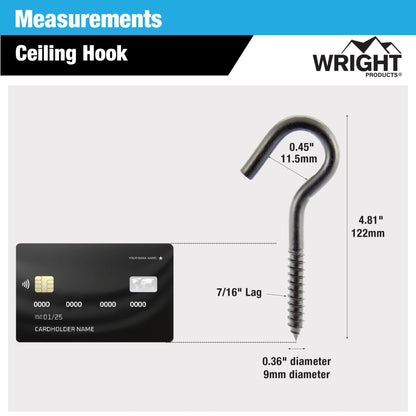 Wright Products Ceiling Hook, 10-Pack, 4.81 inch x .44 inch, Heavy-Duty, Weather Resistant for Indoor or Outdoor Use, for Hanging Plants, Lights, and Decorations - Matte Black
