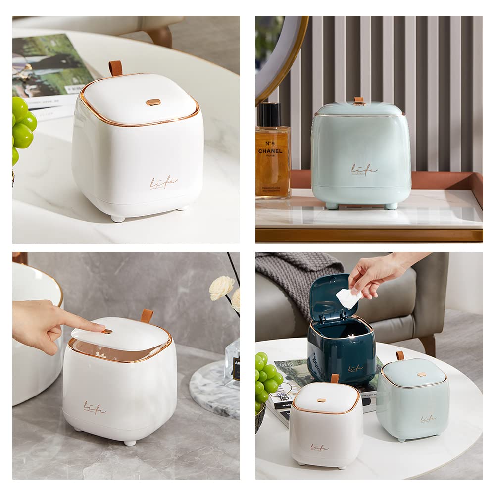 WDPUCHU Mini Countertop Trash Can with 5 Rolls of Trash Bags, Waste Can with Press Type Lid, 0.5 Gallon/1.5 Liter Wastebasket Trash Can Dispenser, Mini Bin for Bathroom Vanity,Coffee Table (White)