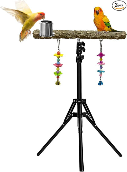 16-63 Inch Height Adjustable Bird Perch Pepper Wood Parrot Training Perch Stand with Feeding Cups and Swing Toy Parakeet Perches Indoor and Outdoor Parrot Stands for Small to Medium Bird