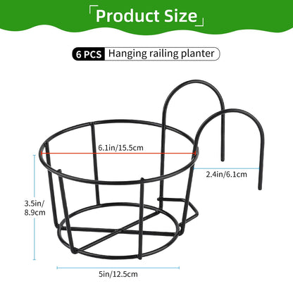 PineHaven 6 Pcs 6.1 Inch Iron Round Hanging Railing Planters,Hanging Flower Pot Holders,Metal Potted Stand Mounted Balcony Round Baskets Shelf Plant Holder with Hooks for Indoor Outdoor Plant(Black)