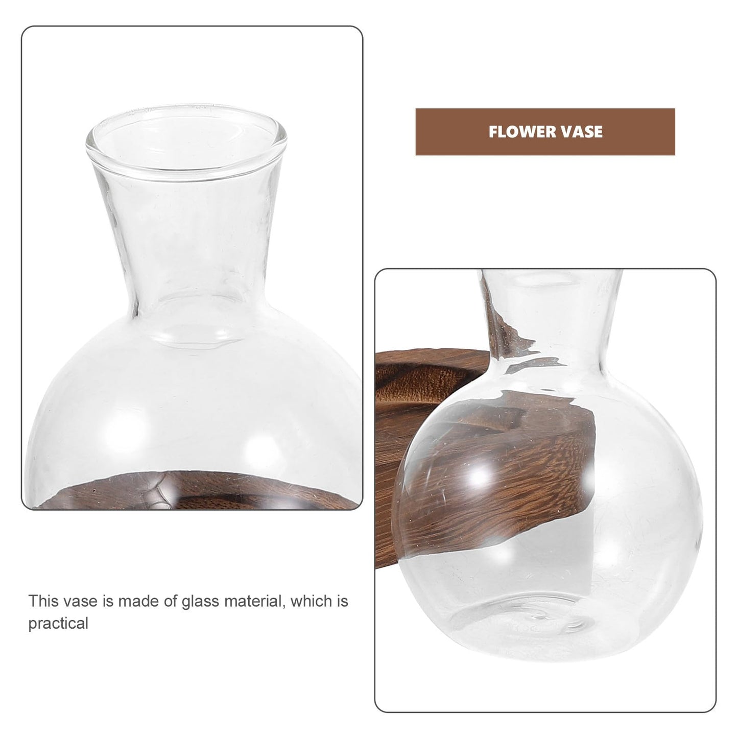 SEWCHICS Decorative Hydroponic Glass Vase Set with Wooden Base, Table Flower Vases for Indoor Plant Arrangement, Office and Home Desk Plant Terrarium, 3pcs