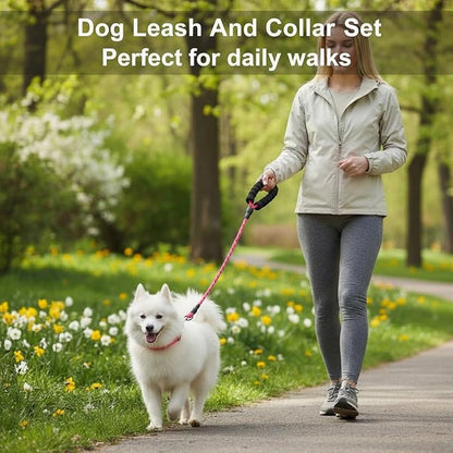 Dog Leash and Collar Set – 6 FT Strong Rope Leash with Padded Handle & Adjustable Nylon Collar Reflective for Small Medium Large Dogs (Pink, S)
