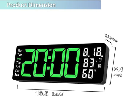 17.5 Inch Green LED Digital Wall Clock with 8 Ambient Light Colors｜Displays Time,Date,Day,Temperature&Humidity,Dual Alarms,Countdown&Stopwatch,DST,10-Level Auto/Manual Brightness｜Modern Silent Clock